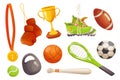 Sport equipment set graphic elements in flat design. Bundle of , gold medal, boxer gloves, championship cup, sneakers, baseball Royalty Free Stock Photo