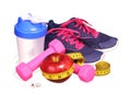 Sport equipment. Sneakers, dumbbells, measuring tape