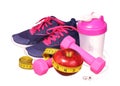 Sport equipment. Sneakers, dumbbells, measuring tape