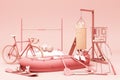 Sport equipments on pink background