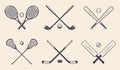 Sport equipments set. Tennis rackets, Golf clubs, Baseball bats, Lacrosse sticks, Hockey cues, Cricket bats. Royalty Free Stock Photo