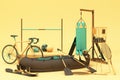 Sport equipments on yellow background