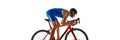 Sport event poster, banner. Man, athlete in uniform, cyclist in motion on bike  on white studio background Royalty Free Stock Photo