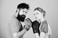 Sport for everyone. Amateur boxing club. Equal possibilities. Strength and power. Man and woman in boxing gloves. Be Royalty Free Stock Photo