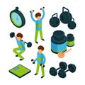 Sport exercise isometric. Equipment for sporting activity peoples healthy vector 3d collection