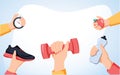 Sport exercise web banner. Time to fitness and workout concept. Idea of active and healthy lifestyle. Training equipment Royalty Free Stock Photo