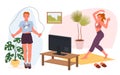 Sport exercises of active man and woman at home set, people practice healthy lifestyle
