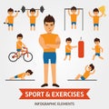 Sport and exercises infographic elements. Sportsman is engaged in the gym, pushes, hold the dumbbell, shakes the press