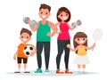 Sport family. Dad, mother, son and daughter lead a healthy lifestyle and are engaged in fitness and various sports Royalty Free Stock Photo