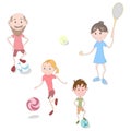 Sport family. Grandfather, grandmother, grandson and granddaughter lead a healthy lifestyle and engage in various sports