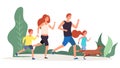 Sport family. Parents kids run around in park. Happy man and woman, boy and girl, dog go sports vector illustration Royalty Free Stock Photo