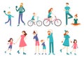 Sport family people. Couple with kids on fitness workout, cycling and play tennis. Sports lifestyle activities vector