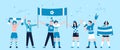 Sport fans group. Laugh sports fan team, football cartoon cheers characters. Flat teenagers friends support soccer on Royalty Free Stock Photo