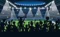 Sport fans at stadium. People black silhouettes on stadium background, soccer football match on spotlight, team Royalty Free Stock Photo