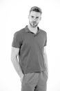 Sport fashion style and trend. Man in tshirt and shorts isolated on white background. Bearded man in blue casual clothes