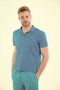 Sport fashion style and trend. Man in tshirt and shorts isolated on white background. Bearded man in blue casual clothes
