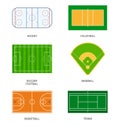 Sport fields: hockey, volleyball, soccer, football, baseball, basketball and tennis. Royalty Free Stock Photo