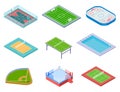 Sport fields isometric. Sports playgrounds handball soccer water area baseball volleyball tennis hockey 3d vector set