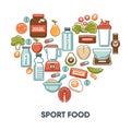 Sport and fintess healthy food nutrition vector heart poster of dietary icons