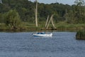 Sport fishing man in small boat West Oder river Szczecin