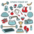 Sport and fitness colorful sticker set of hand drawn doodles