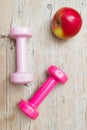 Sport fitness diet concept weights dumbbell and fruit Royalty Free Stock Photo