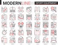 Sport fitness equipment complex thin red black line icon vector illustration set. Linear sport gear for sportsman