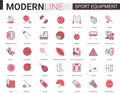 Sport fitness equipment red black flat line icon vector illustration set with sportswear, exercise gym item, football Royalty Free Stock Photo