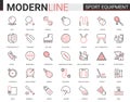 Sport fitness equipment thin red black line icon vector illustration set with sportswear, exercise gym item, football Royalty Free Stock Photo
