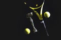 Sport fitness equipment. Top view tennis racquet balls and silver cup Royalty Free Stock Photo