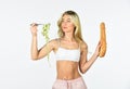 Sport and fitness. Flour and gluten. Think better. Calories carbs and gluten. Healthy eating. Athletic woman in