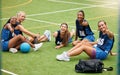 Sport, fitness and girl netball team on field, training and exercise with athlete thumbs up portrait. Young, active and