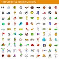 100 sport and fitness icons set, cartoon style Royalty Free Stock Photo