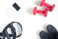 Sport fitness items with smartphone on white background, flat la