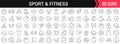 Sport and fitness linear icons in black. Big UI icons collection in a flat design. Thin outline signs pack. Big set of icons for Royalty Free Stock Photo