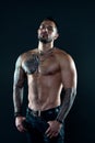 Sport and fitness. Masculinity. Muscular torso. Tempting glance. Bearded man with tattooed torso. Macho sexy bare torso