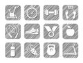 Sport and fitness, monochrome icons, vector, hatched.