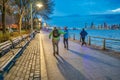 Sport and fitness at sunset along Hudson River promenade, New York City