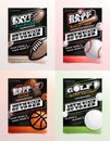 Sport Flyer Ad Set Vector. Football, Golf, Baseball, Basketball emblem logo. Design For Sport Bar Promotion Template. Modern Royalty Free Stock Photo