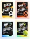 Sport Flyer Ad Set Vector. Ice Hockey, Basketball, Tennis, Soccer or football emblem logotype. Design For Sport Bar Promotion