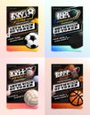 Sport Flyer Ad Set Vector. Soccer, football, hockey, volleyball, basketball emblem logotype. Design For Sport Bar Promotion