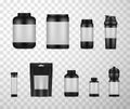 Sport food container assortment black realistic mockups set. Plastic jars  bottles  shaker  bag Royalty Free Stock Photo