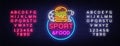 Sport Food Neon Sign Vector. Sports food logo in neon style, light signboard, bright billboard, night neon, sports bar Royalty Free Stock Photo