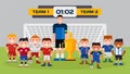 Sport football boy teams with trainer, footballing field, goal, trophy cup vector cartoon soccer character champion
