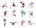 Sport football people. Soccer male and female characters, football people kicking ball, professional sportsmen vector