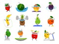 Sport fruits characters. Funny fruit foods on sport exercises, vector fitness vitaminic human healthy nutrition