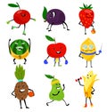 Sport fruits characters. Funny fruit foods on sport exercises, fitness vitaminic human healthy nutrition vector