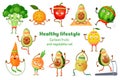 Sport fruits and vegetables. Healthy lifestyle mascots, fruit sports exercise and avocado yoga workout cartoon vector