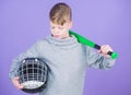 Sport game. Gym workout of teen boy. Baseball bat and helmet. Success. Childhood activity. Fitness brings health and Royalty Free Stock Photo
