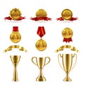 Sport or game trophy set. Gold reward badges and award cups for achievement of best success winner vector image